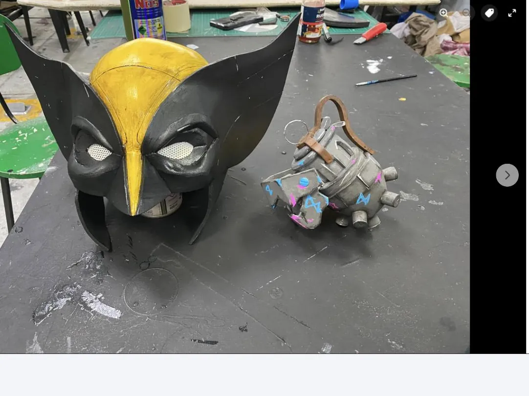 Wolverine foam cowl and Jinx chomper grenade props in progress on the workbench